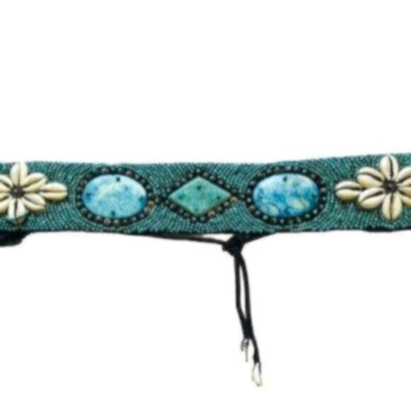 Turquoise Tribal Handmade Beaded African Cowrie Shell Tie Belt 32" - Picture 5 of 9